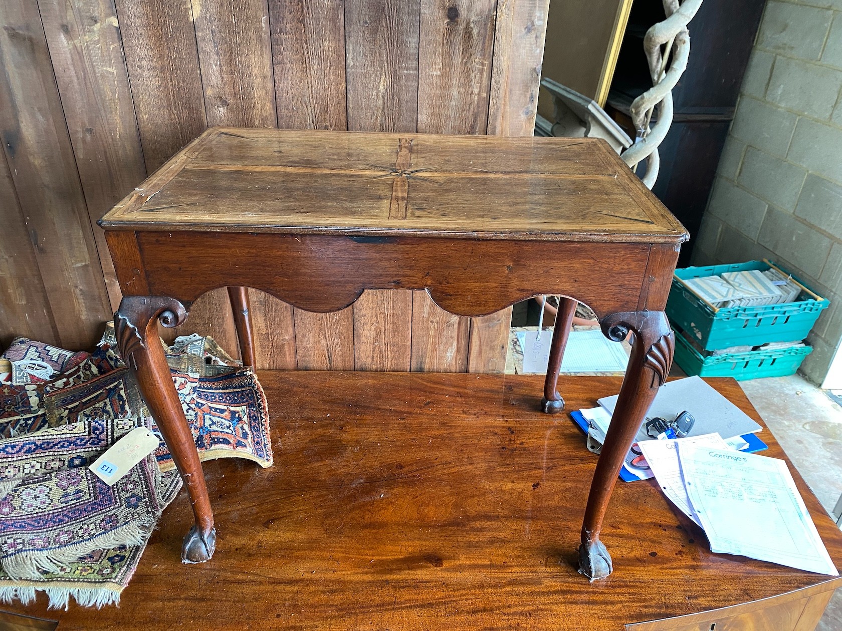 An 18th century walnut silver table, width 75cm, depth 50cm, height 63cm